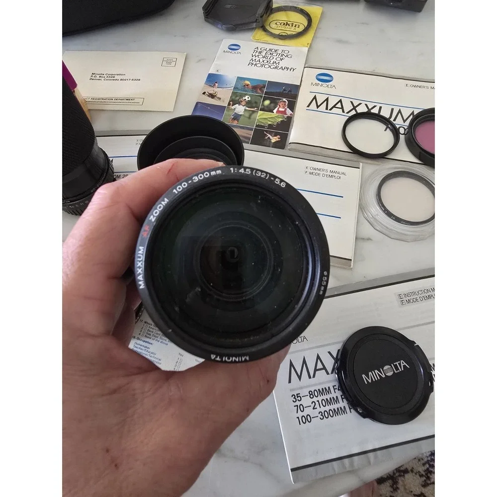 Minolta Maxxum 7000 35mm Film Camera Bundle, 4 Lenses, Flash, Filters, Manuals